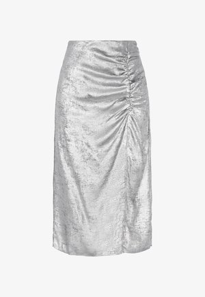 Silver metallic pencil skirt with a ruched side design, smooth texture, and knee-length cut, showcasing a shiny, reflective finish.