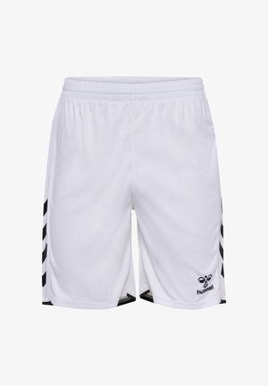 Witte sportkorte broek met zwarte chevronstrepen aan de zijkanten en zwart Hummel-logo op de voorkant van het rechterbeen.