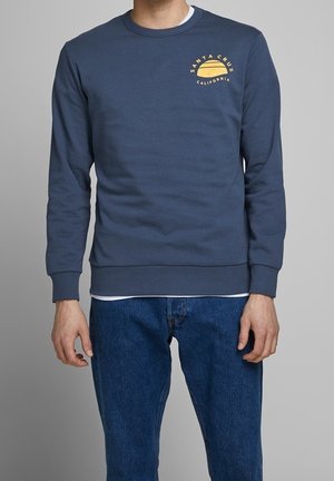 Homme portant un sweat-shirt bleu Santa Cruz avec un logo coucher de soleil jaune sur la poitrine et un jean bleu, debout devant un fond gris.