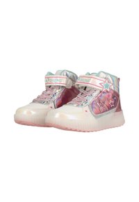 Høje sneakers med iriserende materiale, pastelfarvede accenter, rosa sål, stjerne-design og justerbar Velcro-rem ved anklen.