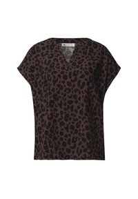 Brown short-sleeve blouse with black leopard print pattern and a V-neck collar, displayed on a white background.
