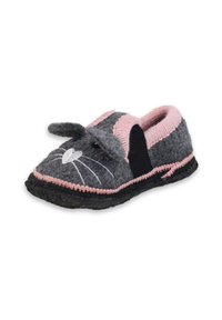 Grijze gevoerde pantoffel met roze accenten, voorzien van een kattenontwerp met een neus en snorharen. Vlakke zwarte zool en elastische opening voor gemakkelijke aan- en uittrekken.