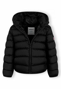 Doudoune noire avec fermeture éclair sur le devant et capuche, dotée d'un design matelassé et de poignets élastiques. Comprend un patch logo sur une manche.