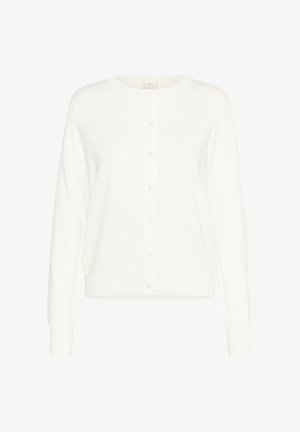 Valge kardigan pehmest materjalist, millel on ümar kaelus, ees nupud ja pikad varrukad. Lihtne disain ribaga äärega.