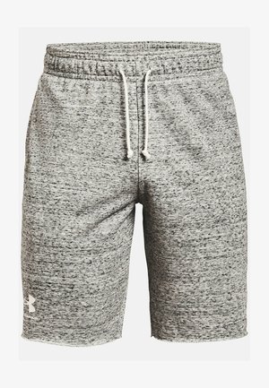 Graue, strukturierte Sportshorts aus weichem Stoff. Mit einem elastischen Bund und Kordelzügen sowie einem Logo auf der unteren linken Seite.
