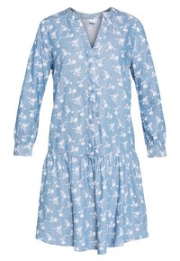 Jasnoniebieska sukienka z długimi rękawami, dekoltem w kształcie V i białym wzorem kwiatowym. Posiada marszczony dół i zapięcie na guziki z przodu. Miękka tekstura materiału.