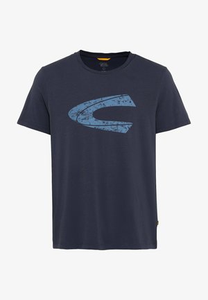 Marineblauwe korte mouw t-shirt van katoen, met een groot versleten lichtblauw logo op de voorkant en een ronde hals.