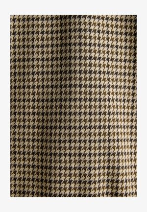 Houndstooth fabric in beige and brown tones, featuring a symmetrical pattern, with a soft texture and a woven finish.
