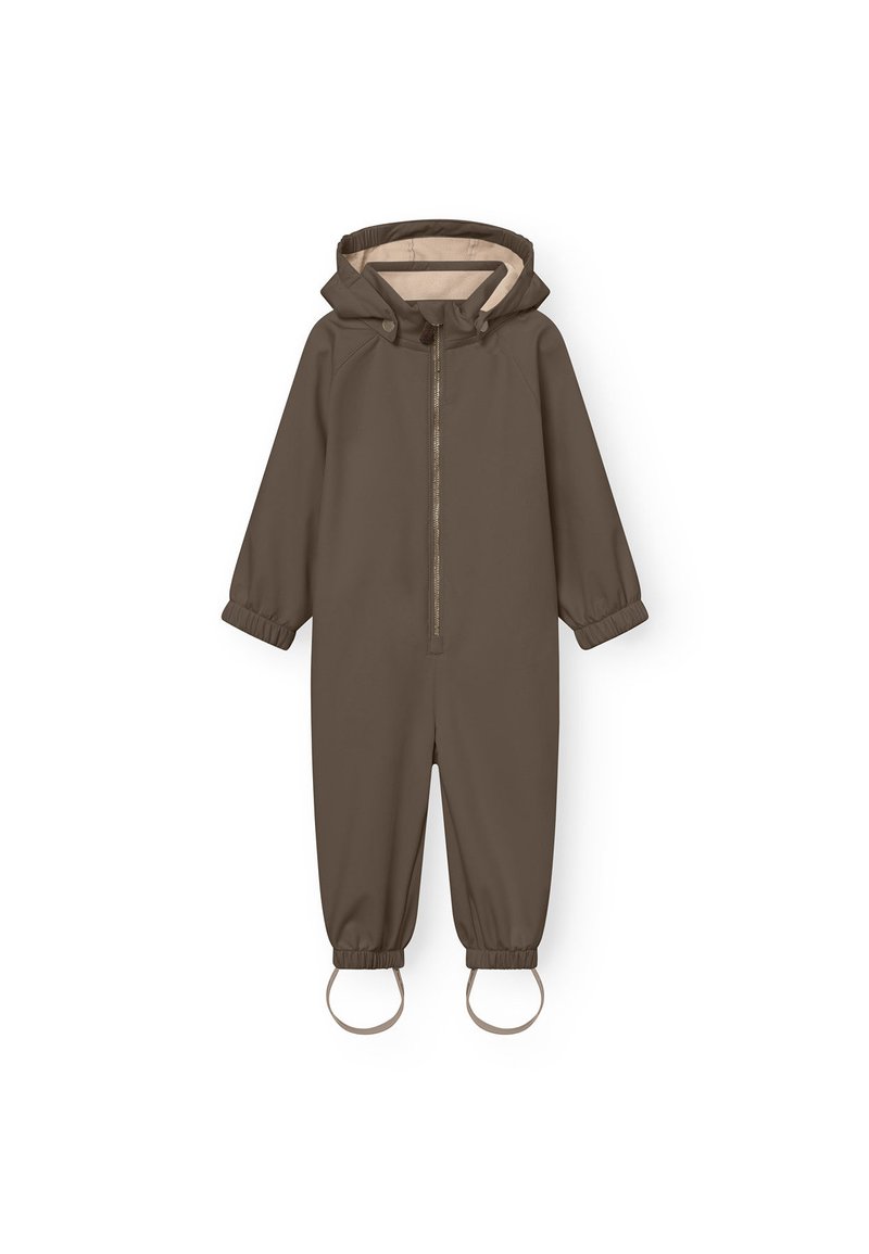 Prenda exterior impermeable marrón con capucha, mangas largas, puños elásticos y bucles ajustables en los tobillos. Cierre frontal con cremallera y forro interior beige.