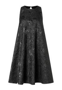 Robe noire sans manches avec un motif floral texturé, forme A-line, encolure ronde et fermeture en trou de serrure au dos.