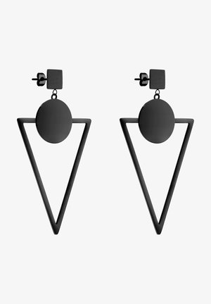Zwarte driehoekige oorbellen met een ronde bovenkant, gemaakt van een glad materiaal. Het ontwerp bevat gedurfde geometrische vormen en een matte afwerking.