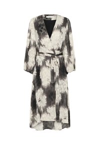 Rochie florală alb-negru, cu mâneci lungi, decolteu adânc în V și talie legată, cu textură plissé și o siluetă fluidă.