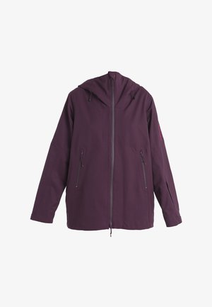 Purple waterproof jacket with a hood, long sleeves, two zippered front pockets, and adjustable cuffs. Smooth texture and minimal accents.