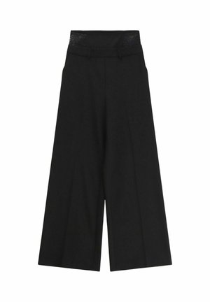 Pantaloni neri a gamba larga con una vita alta in pizzo, caratterizzati da una vestibilità ampia e una texture liscia, che offrono una silhouette strutturata.