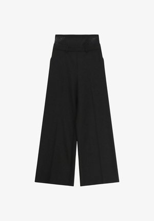 Pantaloni neri a gamba larga con una vita alta in pizzo, caratterizzati da una vestibilità ampia e una texture liscia, che offrono una silhouette strutturata.