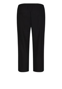Pantalons cropped noirs avec une texture lisse, une taille élastique et deux poches arrière, présentant un design à jambe droite.