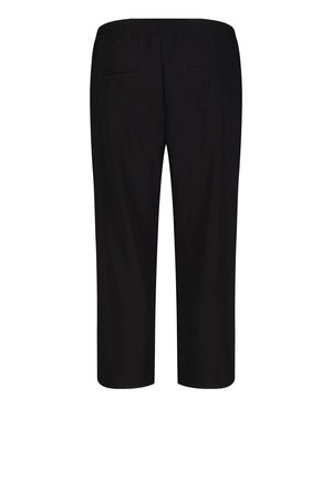 Black cropped pants with a smooth texture, elastic waistband, and two back pockets, featuring a straight leg design.