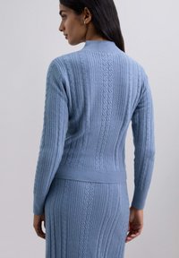 Cárdigan de punto azul claro con textura de cable, mangas largas y una cintura ajustada, mostrado desde la parte de atrás, revelando una silueta suave.