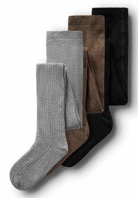 Quattro coppie di calzini a coste in grigio chiaro, grigio scuro, marrone e nero. Ogni coppia presenta un design morbido e testurizzato con punte rinforzate.