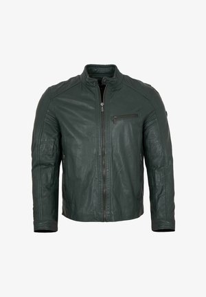 Grüne Lederjacke mit Reißverschluss, Stehkragen und Seitentaschen. Mit strukturierten Ärmeln und einem kleinen Brusttaschendetail.