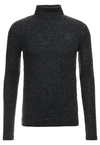 Dunkelgrauer Rollkragenpullover aus einem strukturierten Strickmaterial. Mit langen Ärmeln und einem kleinen gestickten Logo auf der Brust.