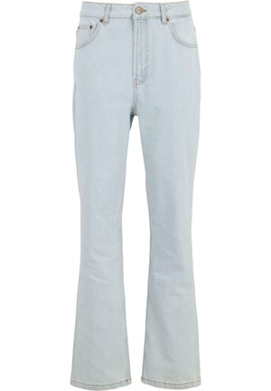 Jasnoniebieskie dżinsy z szerokimi nogawkami i wysokim stanem, pięć kieszeni oraz metalowy zamek. Gładka textura z delikatnymi detalami stębnowania.