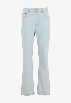 Jasnoniebieskie dżinsy z szerokimi nogawkami i wysokim stanem, pięć kieszeni oraz metalowy zamek. Gładka textura z delikatnymi detalami stębnowania.