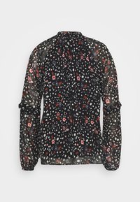 Černá průsvitná blůza s květinovým vzorem v červené, bílé a modré barvě, s volánkovými detaily na rukávech a vysokým výstřihem.