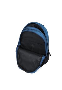 Zaino in tessuto blu con più scomparti, cerniere e un interno nero. Include tasche laterali in rete e cuciture resistenti.