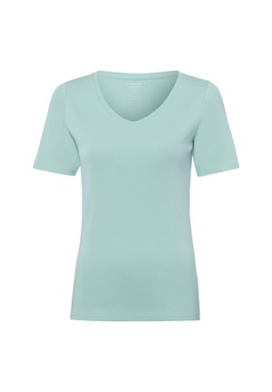 Jasnoniebieska damska koszulka z krótkim rękawem i dekoltem w serek, o dopasowanym kroju, gładkim wzorze i gładkiej tkaninie.