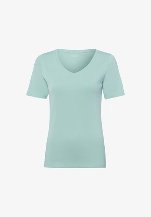 Jasnoniebieska damska koszulka z krótkim rękawem i dekoltem w serek, o dopasowanym kroju, gładkim wzorze i gładkiej tkaninie.