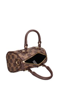 Borsa a mano marrone con motivo, forma cilindrica, chiusura con zip, doppio manico corto e hardware color oro; include un interno a contrasto.