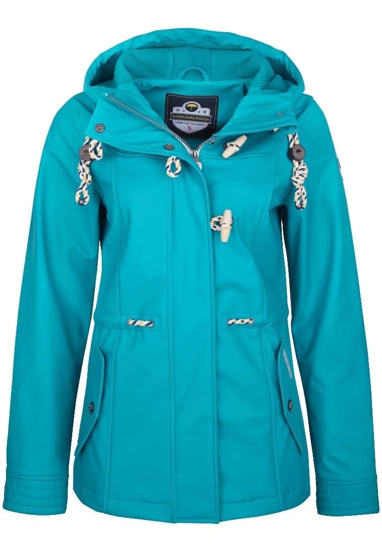 Turkusowa wodoszczelna kurtka z kapturem, zapięciem na troki i dwoma kieszeniami po bokach. Posiada gładką fakturę i kontrastowe akcenty dekoracyjne.