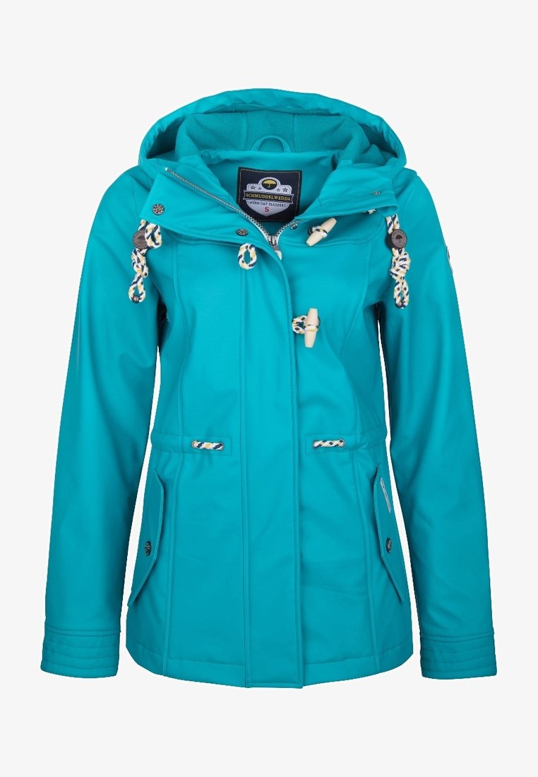 Turkusowa wodoszczelna kurtka z kapturem, zapięciem na troki i dwoma kieszeniami po bokach. Posiada gładką fakturę i kontrastowe akcenty dekoracyjne.