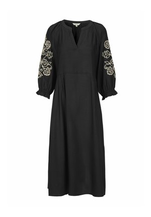 Schwarzes Kleid mit dreiviertellangen Puffärmeln, V-Ausschnitt und floralem Stickerei in hellen Farben auf den Ärmeln, lockerer Schnitt, knielang.