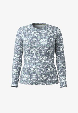 Langarmshirt in een multicolor geometrisch patroon, gemaakt van rekbare stof. Heeft een ronde hals en een aansluitende pasvorm met textuurdetails.