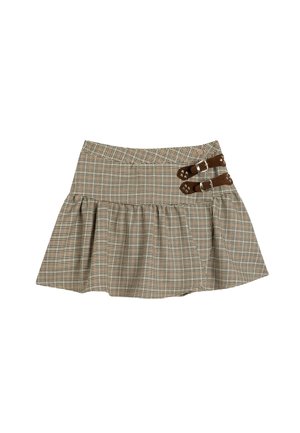 Mini-jupe à carreaux marron avec un design évasé ; dotée de deux boucles marron foncé sur le côté et d'un tissu texturé.