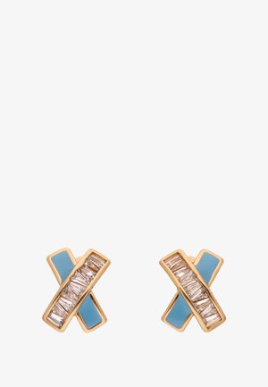 Aranyszínű fülbevalók geometriai "X" mintával, világoskék zománc díszítéssel és téglalap alakú, áttetsző kövekből álló sorral.
