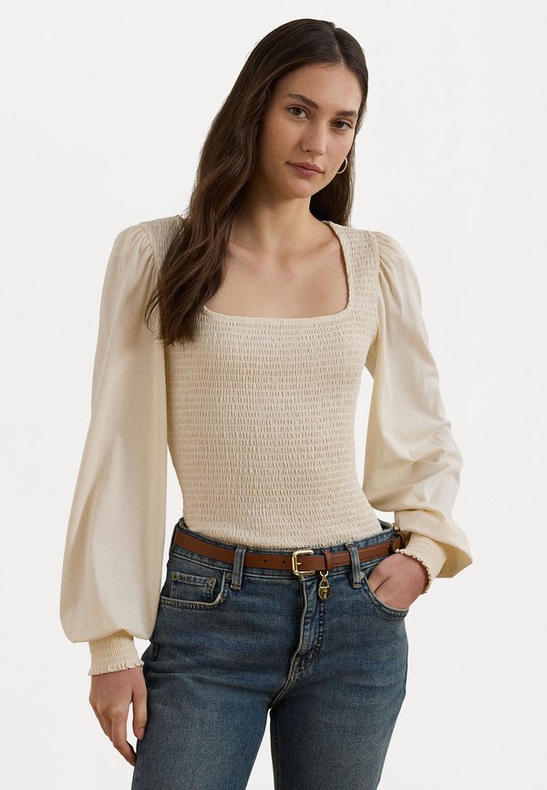 SMOCKED JERSEY BLOUSON SLEEVE TOP - Long sleeved top - mascarpone cream
