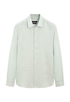 Světle zelená košile s dlouhým rukávem z texturované látky. Má klasický límec a zapínání na knoflíky vpředu s manžetami na knoflíky.