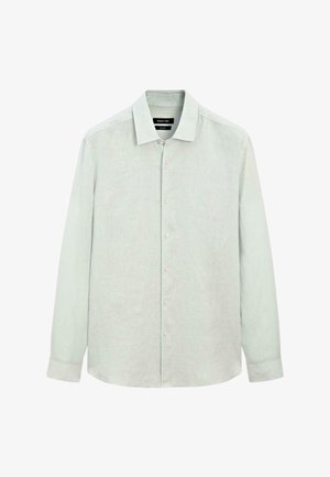 Camicia verde chiaro a maniche lunghe realizzata in un tessuto strutturato. Presenta un colletto classico e una chiusura con bottoni sul davanti con polsini abbottonati.