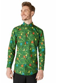 Zaļš pogu krekls ar svētku rakstu, kurā attēloti zvani, ornamentu un Ziemassvētku gaismas, izgatavots no gludas auduma ar garām piedurknēm.