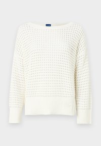 Maglione bianco lavorato a maglia con vestibilità ampia, motivo a tessitura aperta e polsini e orlo a costine. Etichetta cucita sul lato sinistro in basso.