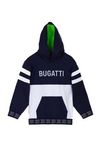 Felpa con cappuccio blu navy e bianca con fodera interna verde, dotata di tasca frontale, testo "BUGATTI" grigio e dettagli a righe sulle maniche.