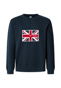 Navy sweater with a round neck and long sleeves features a large knitted Union Jack flag in the center, with "LONDON W11" and logo details.
