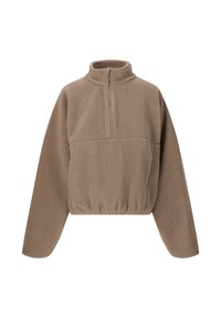 Brauner Fleece-Pullover mit halbem Reißverschluss, hohem Kragen und verkürztem Design. Verfügt über eine weiche, strukturierte Oberfläche und einen elastischen Saum für eine enganliegende Passform.