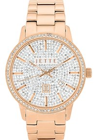 Roségoldene Armbanduhr mit einem mit Kristallen besetzten Ziffernblatt und Lünette, goldenen Stundenmarkierungen, drei Zeigern, Datumsfenster und Metall-Gliederarmband.