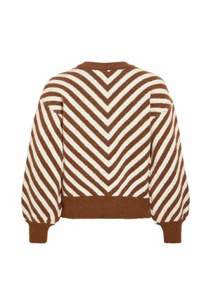 Pull en maille à motif chevron marron et crème avec manches longues, encolure ronde et ourlet côtelé. Texture douce avec manches bouffantes.