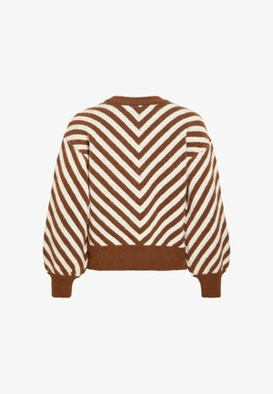 Rjavo-krem v vzorec cik-cak pleten pulover z dolgimi rokavi, okroglim izrezom in rebrastim robom. Mehka tekstura z napihnjenimi rokavi.