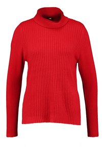 Punainen ribbikuvioinen korkeakauluksinen villapaita pitkillä hihoilla, joka on valmistettu pehmeästä kankaasta. Paita sisältää tiukan kauluksen ja rentoa istuvuutta helmassa.